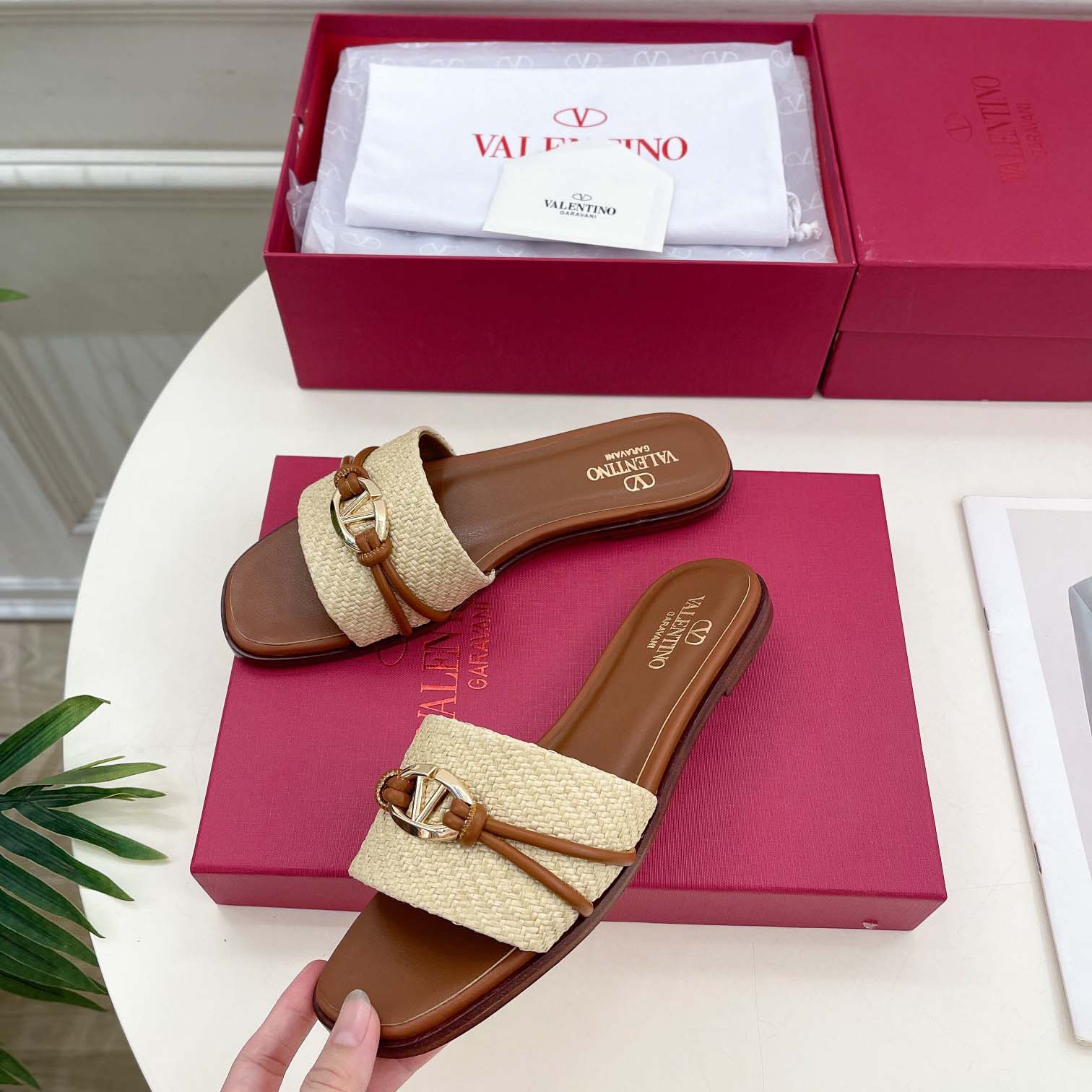 Valenti Garavani VLogo Raffia-trimmed Leather Slides - DopestKickz