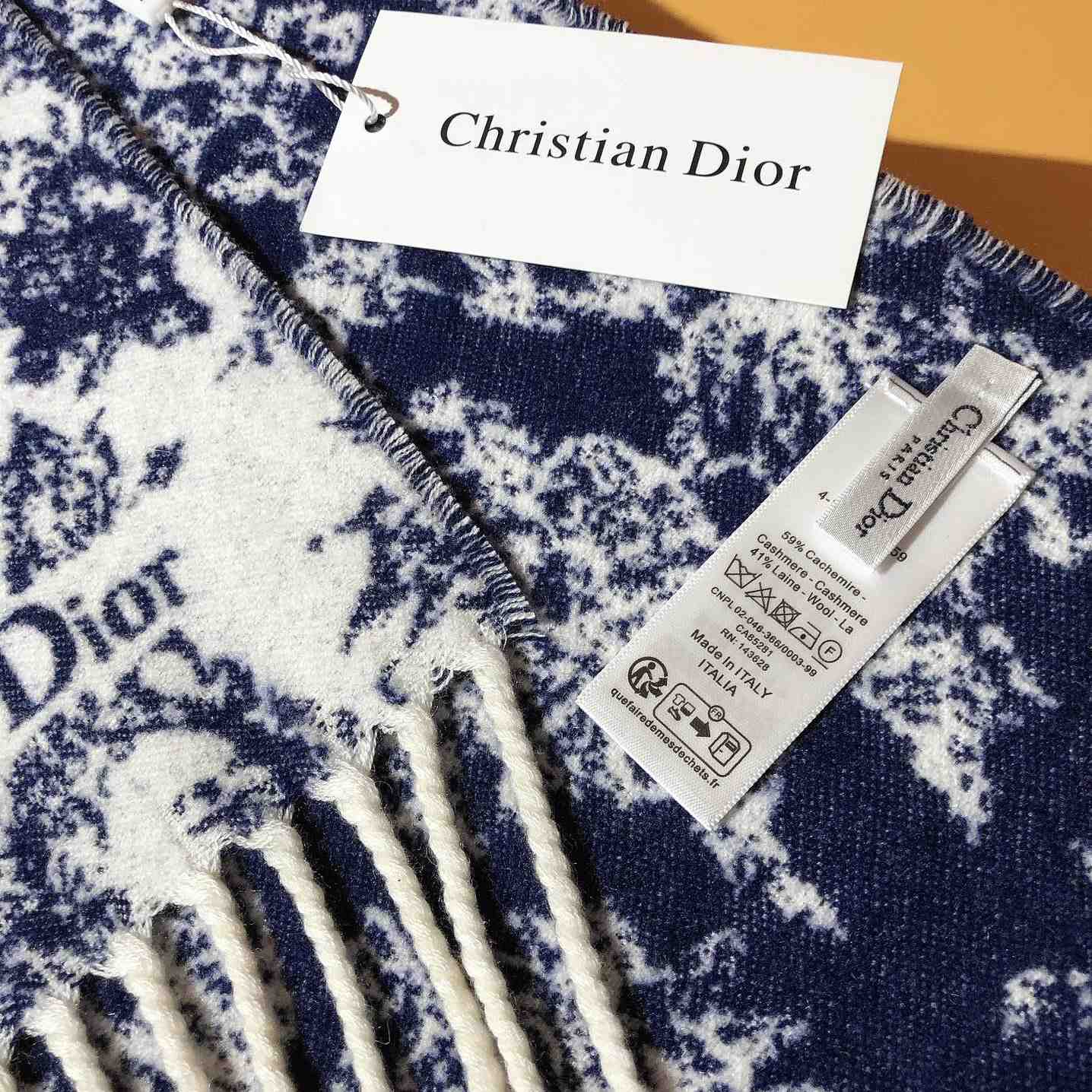 Dior Chardons Scarf Navy Blue Cashmere And Wool - DopestKickz