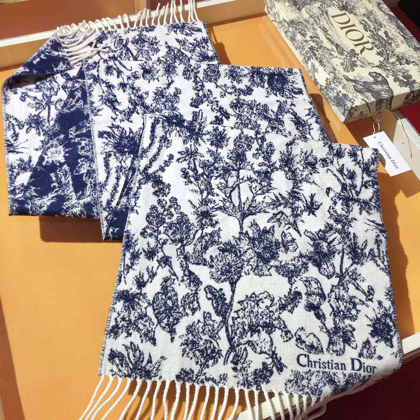 Dior Chardons Scarf Navy Blue Cashmere And Wool - DopestKickz