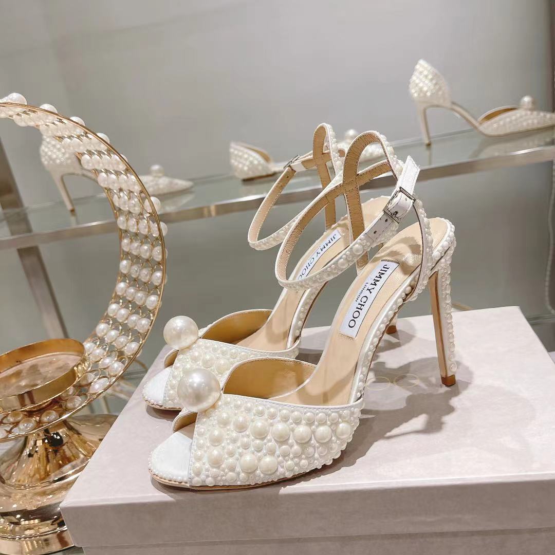 Jimmy Choo White Satin Sandals with All Over Pearls - DopestKickz