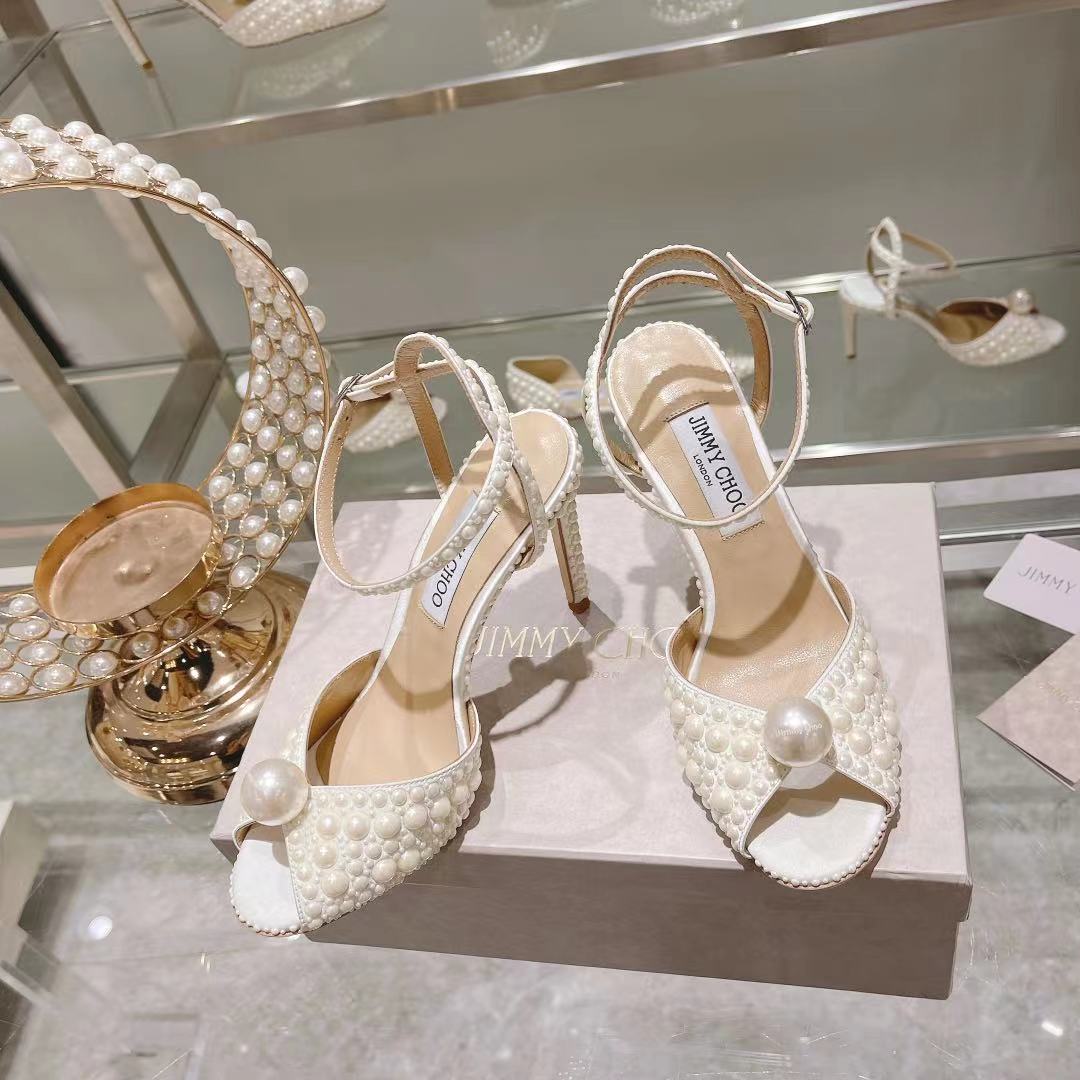 Jimmy Choo White Satin Sandals with All Over Pearls - DopestKickz