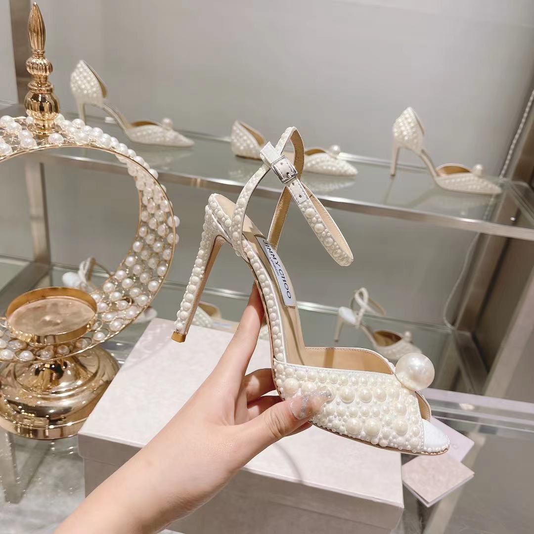 Jimmy Choo White Satin Sandals with All Over Pearls - DopestKickz