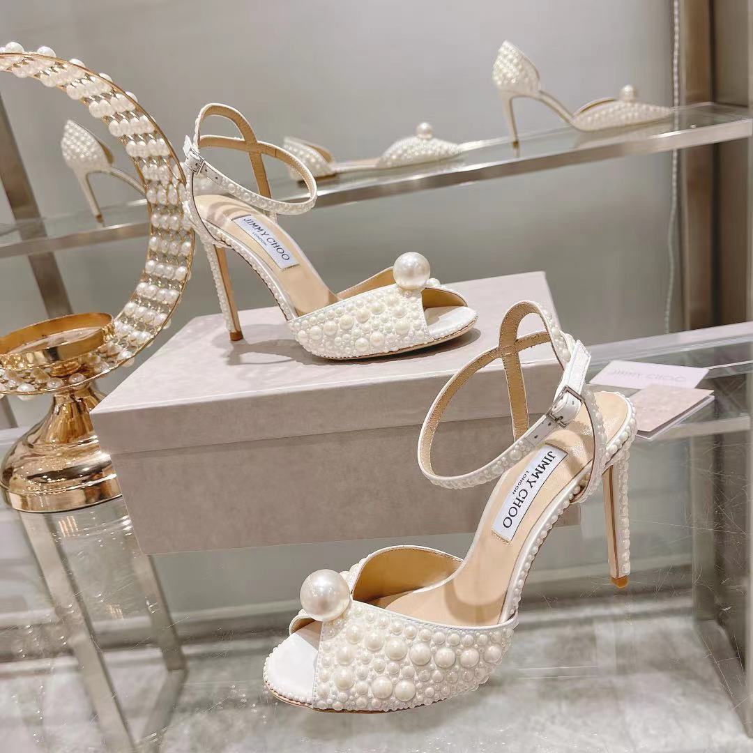 Jimmy Choo White Satin Sandals with All Over Pearls - DopestKickz
