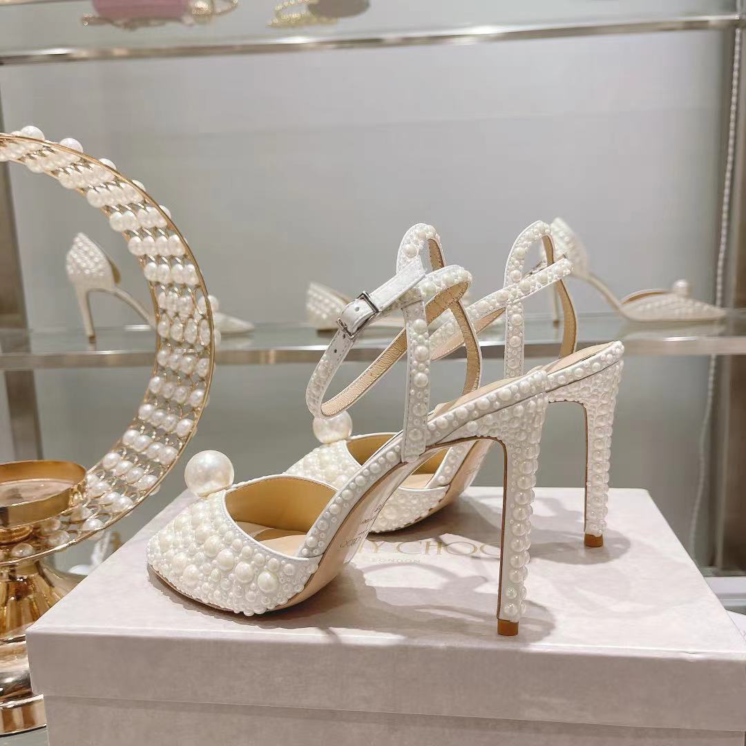 Jimmy Choo White Satin Sandals with All Over Pearls - DopestKickz