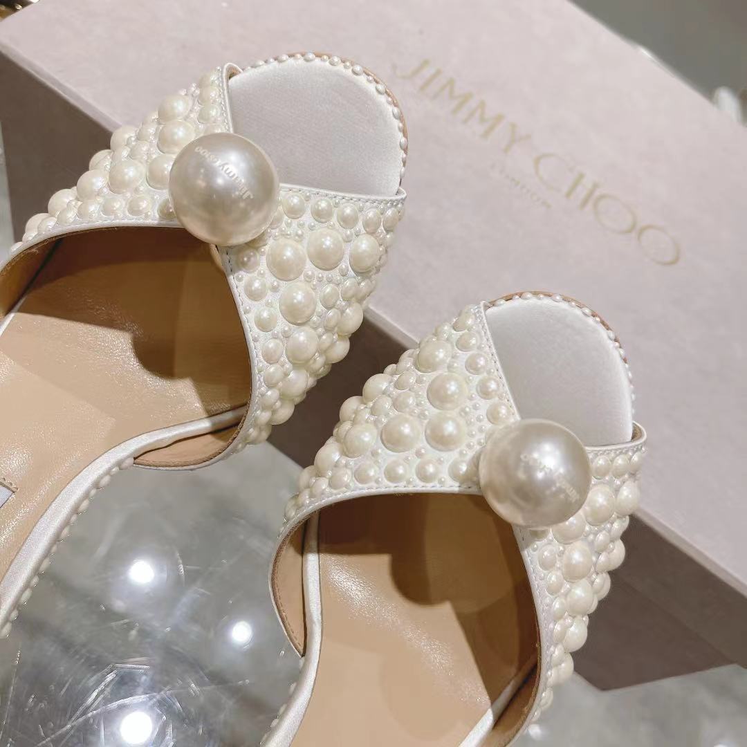 Jimmy Choo White Satin Sandals with All Over Pearls - DopestKickz