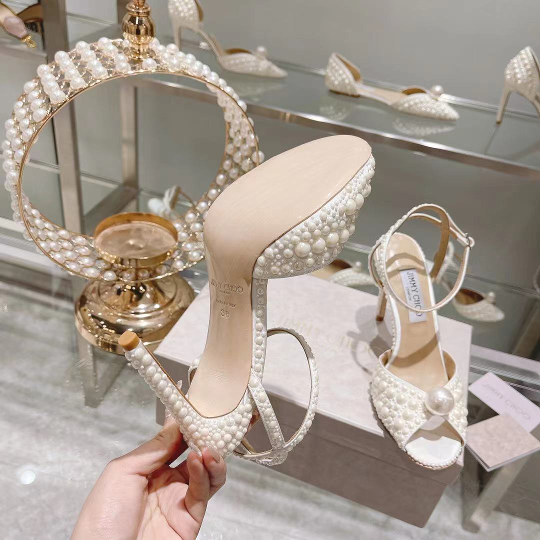 Jimmy Choo White Satin Sandals with All Over Pearls - DopestKickz