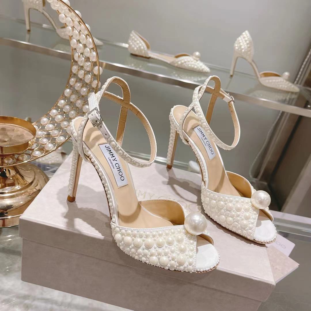 Jimmy Choo White Satin Sandals with All Over Pearls - DopestKickz