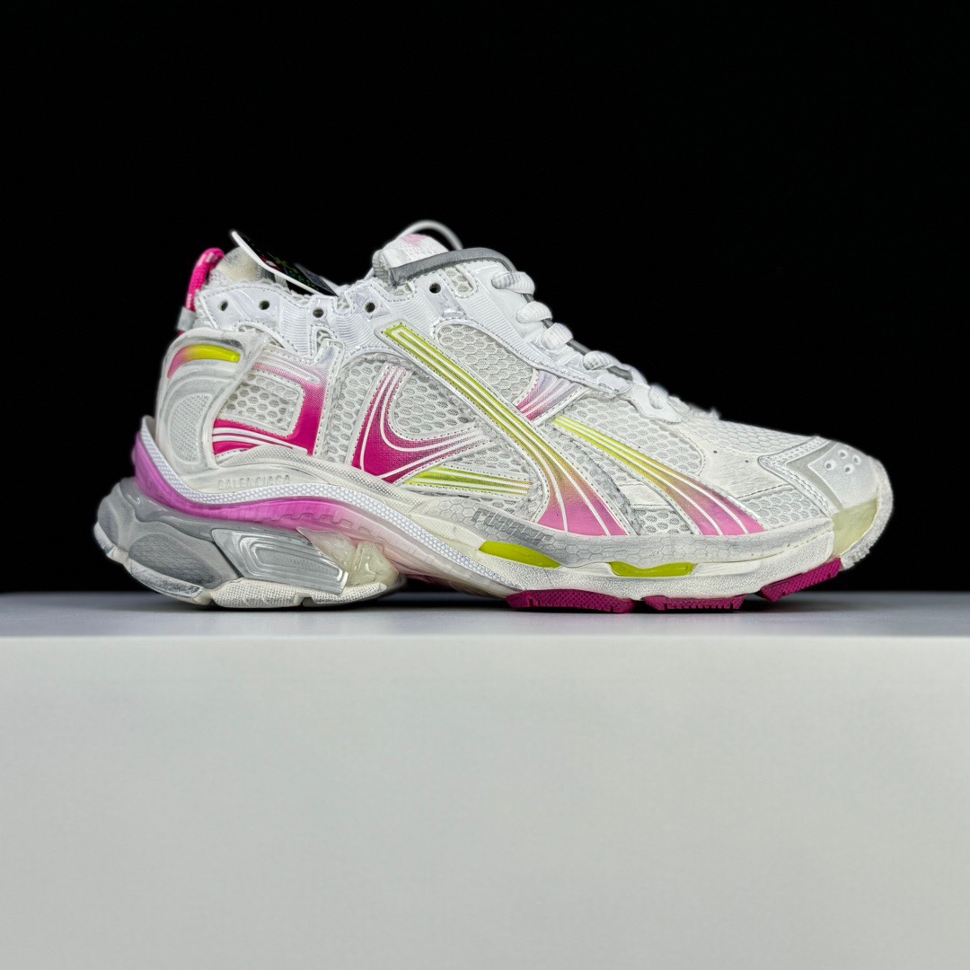 Balenciaga Runner Gradient Sneaker In White, Pink, Grey And Neon Yellow Mesh - DopestKickz