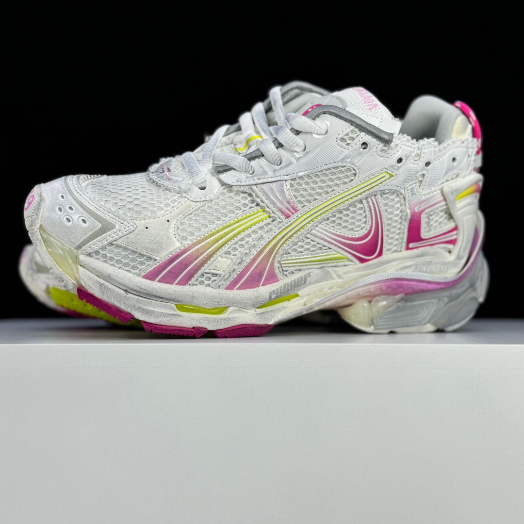 Balenciaga Runner Gradient Sneaker In White, Pink, Grey And Neon Yellow Mesh - DopestKickz