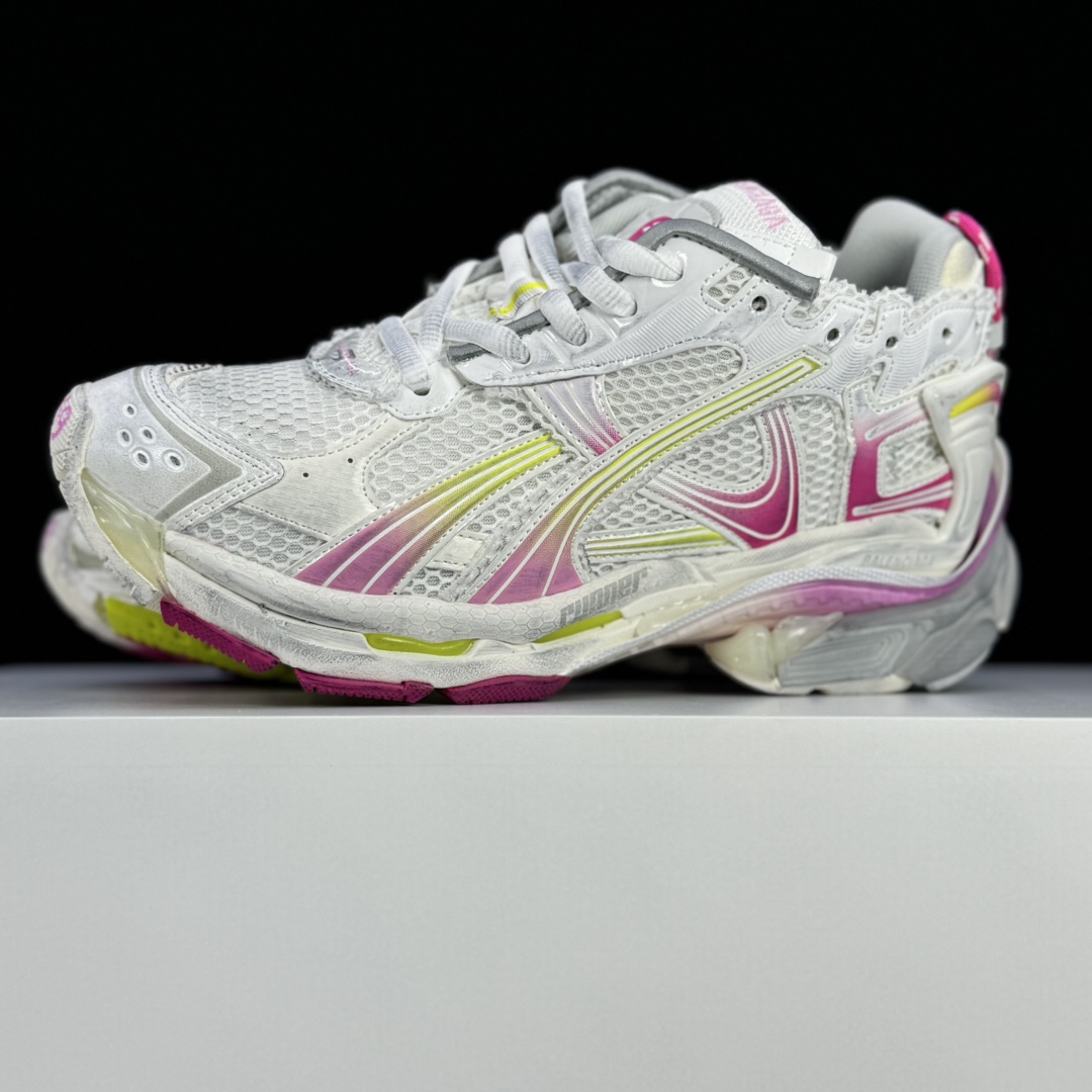 Balenciaga Runner Gradient Sneaker In White, Pink, Grey And Neon Yellow Mesh - DopestKickz