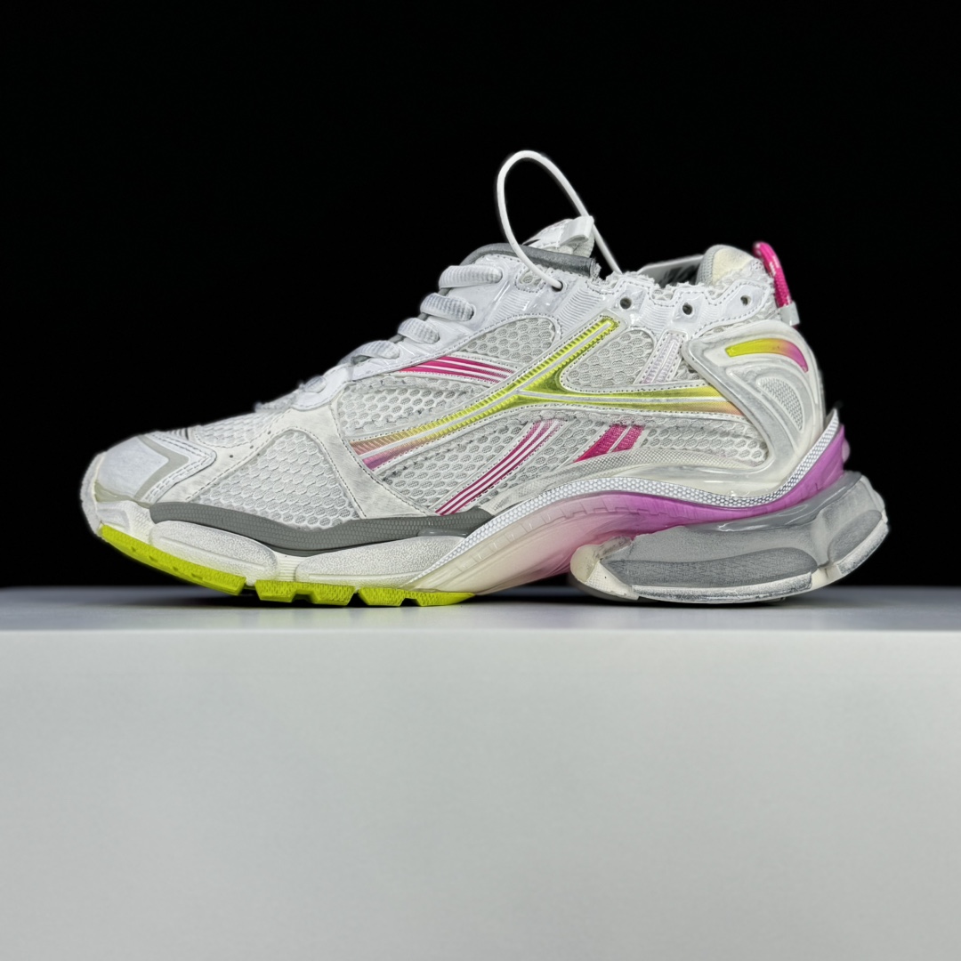 Balenciaga Runner Gradient Sneaker In White, Pink, Grey And Neon Yellow Mesh - DopestKickz