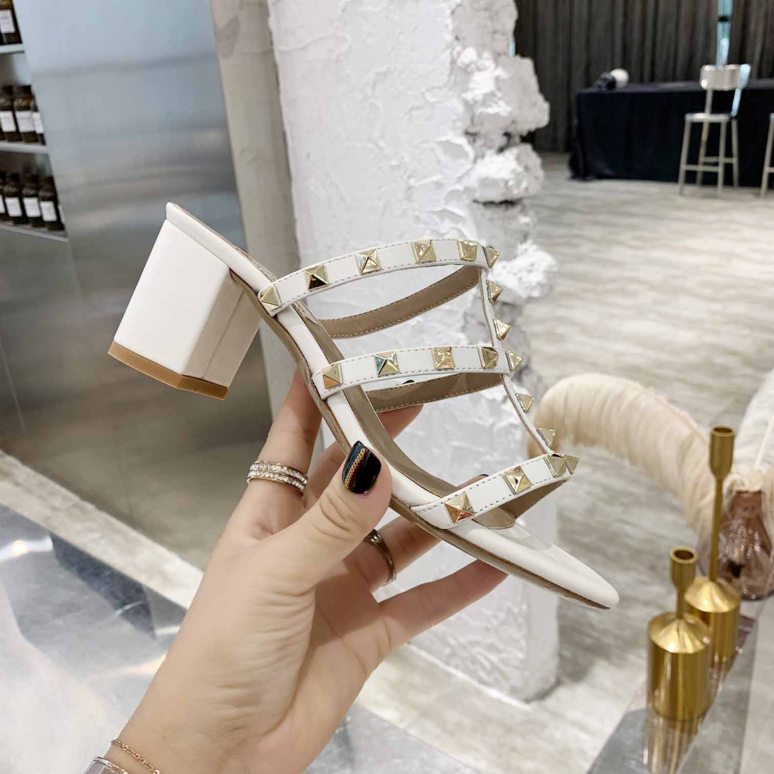 Valenti Rockstud Calfskin Leather Slide Sandal  - DopestKickz