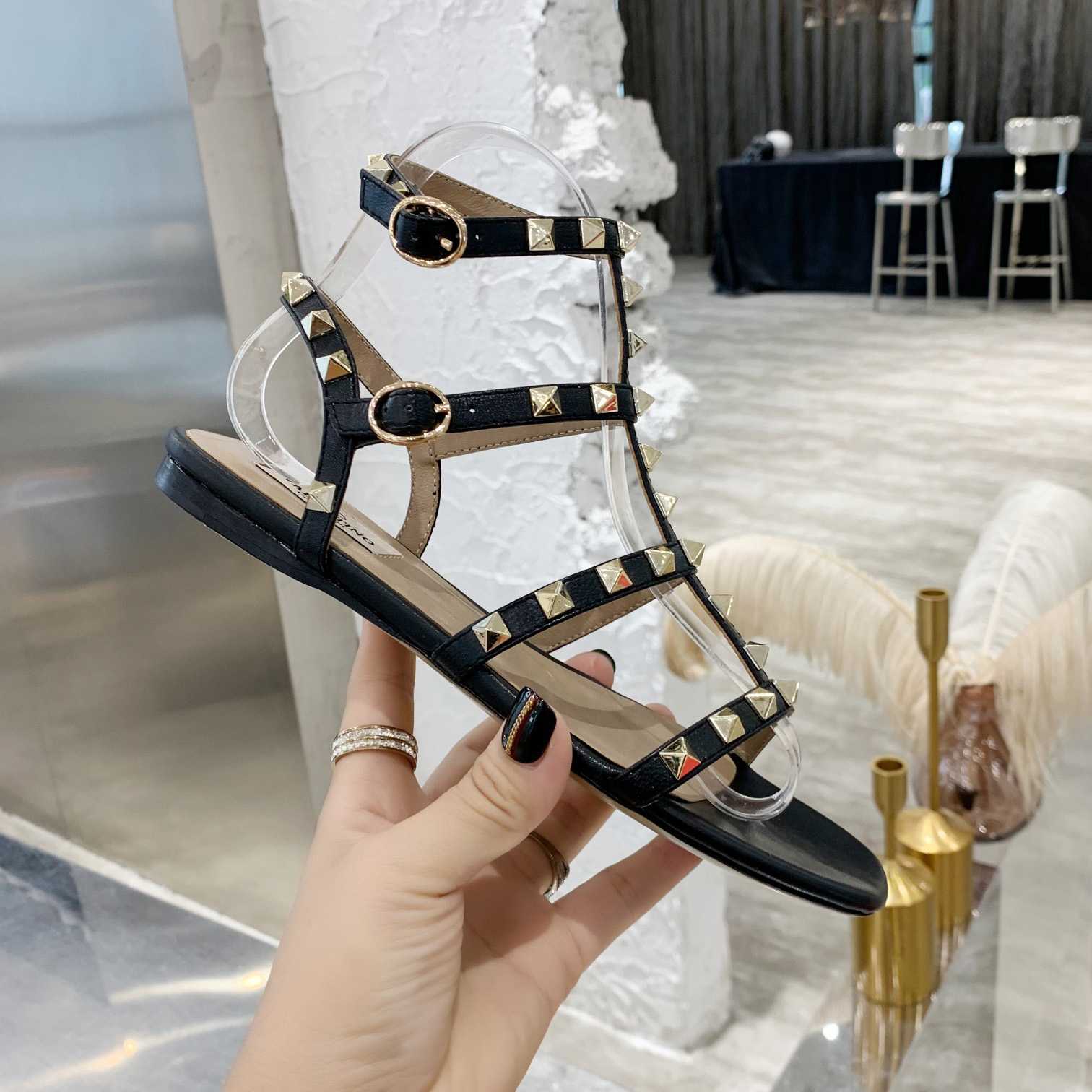 Valenti Rockstud Flat calfskin Sandal With Straps  - DopestKickz