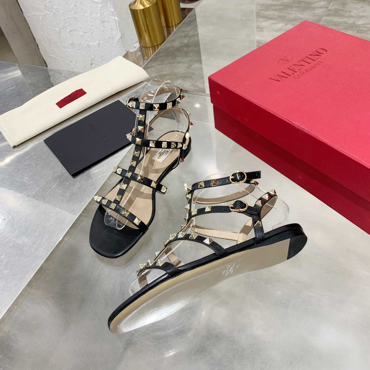 Valenti Rockstud Flat calfskin Sandal With Straps  - DopestKickz