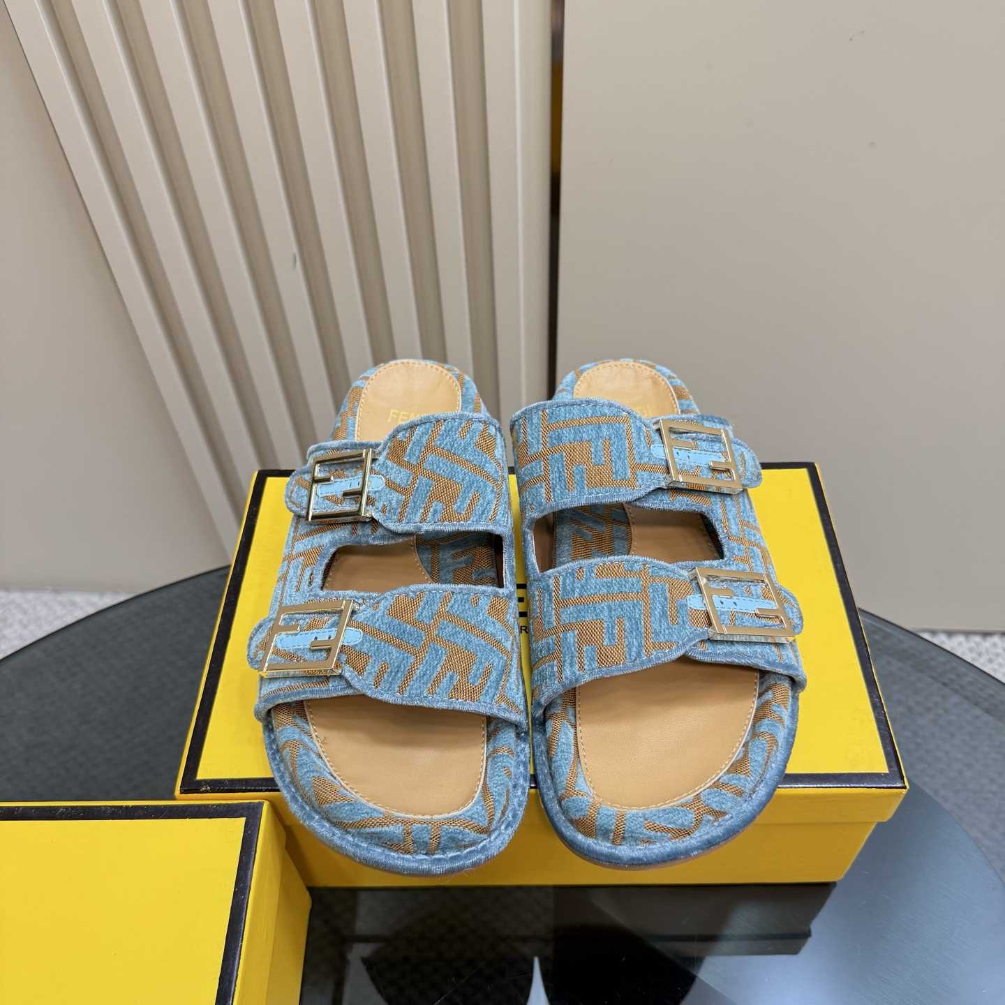 Fendi Feel Light Blue FF Jacquard Velvet Slides - DopestKickz
