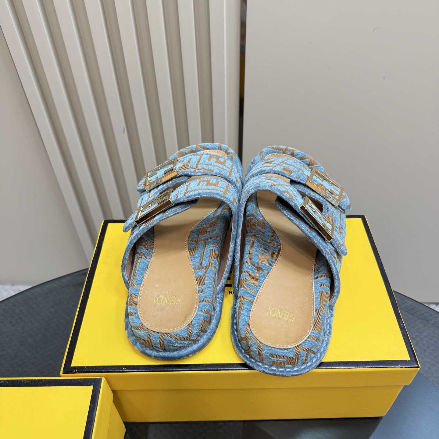 Fendi Feel Light Blue FF Jacquard Velvet Slides - DopestKickz