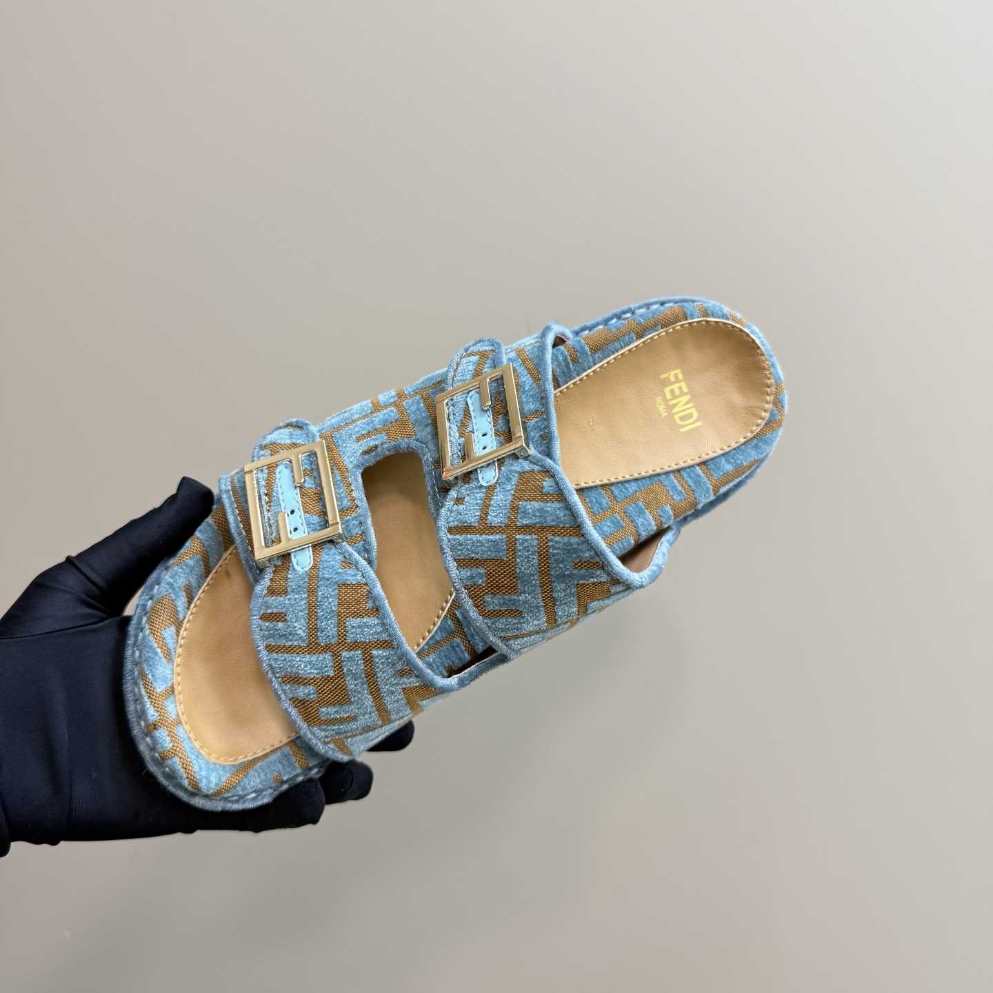Fendi Feel Light Blue FF Jacquard Velvet Slides - DopestKickz