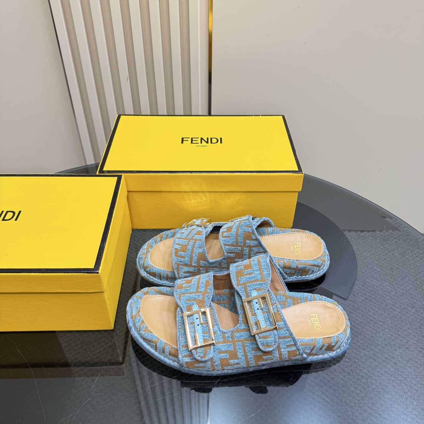Fendi Feel Light Blue FF Jacquard Velvet Slides - DopestKickz