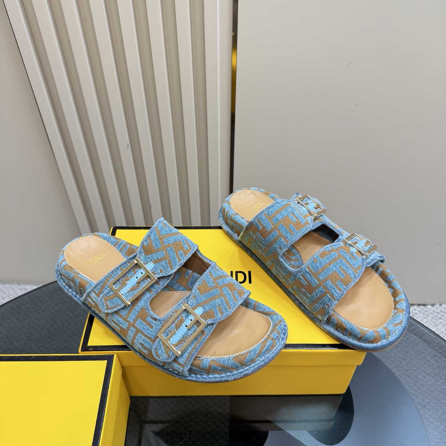 Fendi Feel Light Blue FF Jacquard Velvet Slides - DopestKickz
