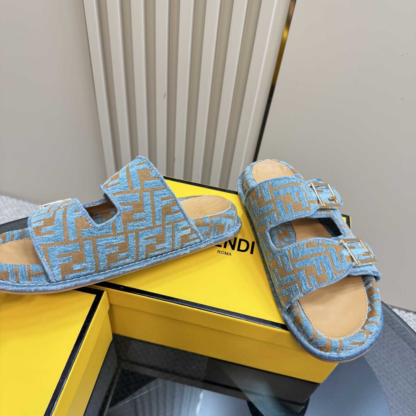 Fendi Feel Light Blue FF Jacquard Velvet Slides - DopestKickz