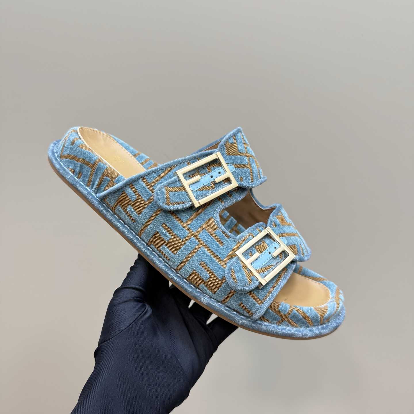 Fendi Feel Light Blue FF Jacquard Velvet Slides - DopestKickz