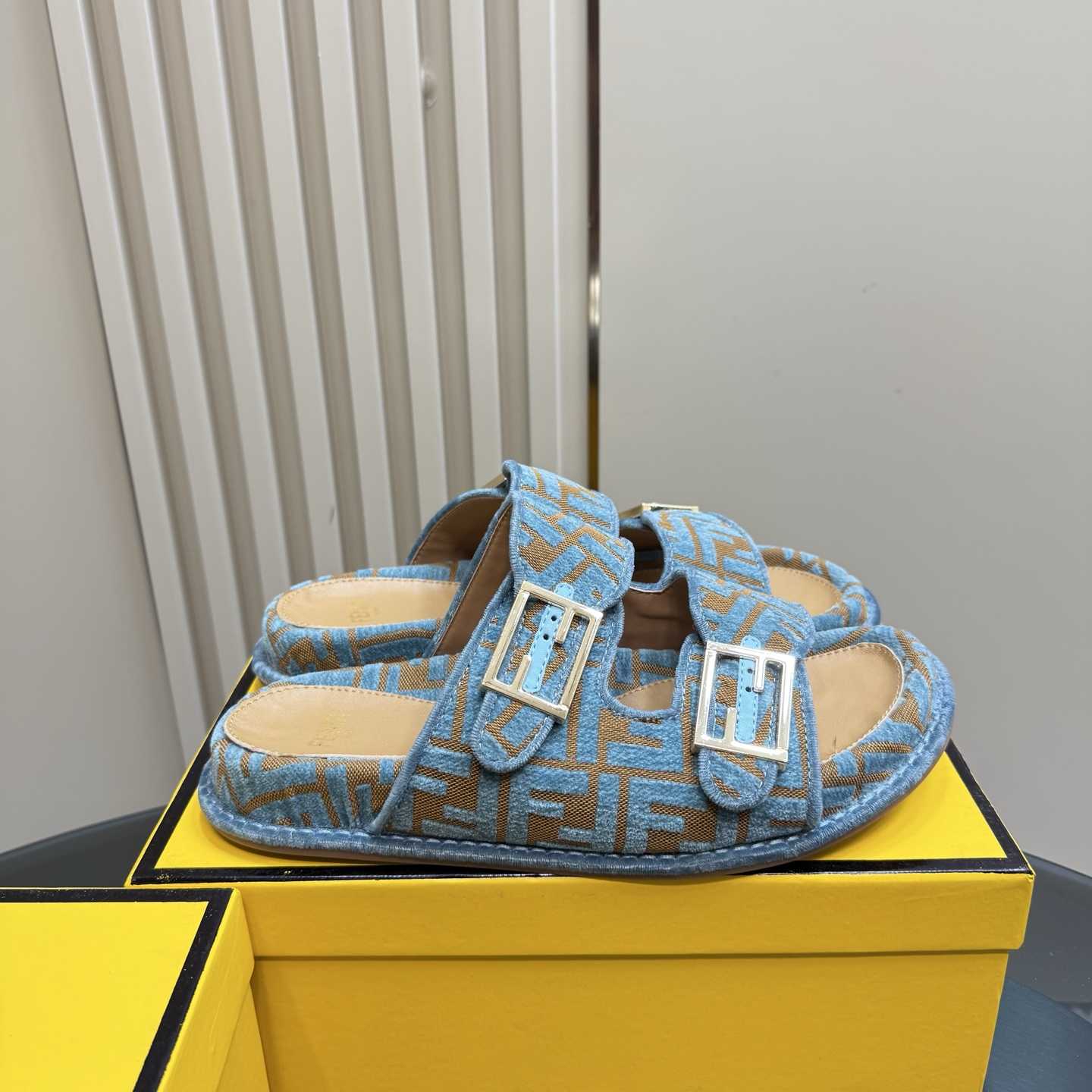 Fendi Feel Light Blue FF Jacquard Velvet Slides - DopestKickz
