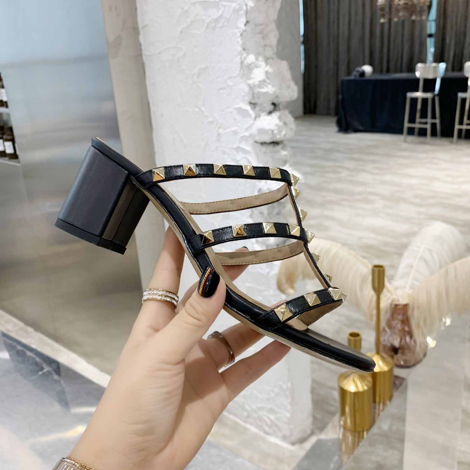 Valenti Rockstud Calfskin Leather Slide Sandal  - DopestKickz