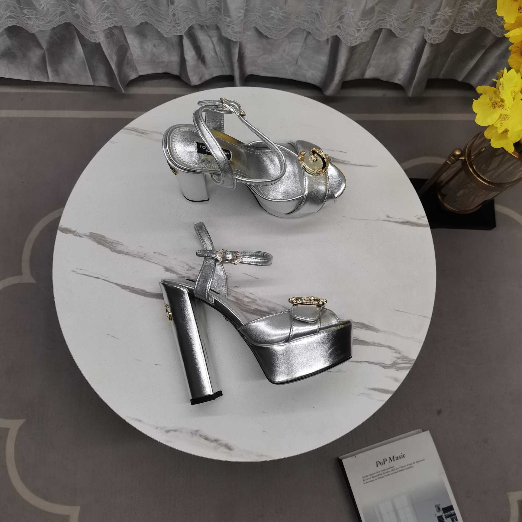 Dolce & Gabbana Silver Leather Platform Logo Keira Sandals - DopestKickz