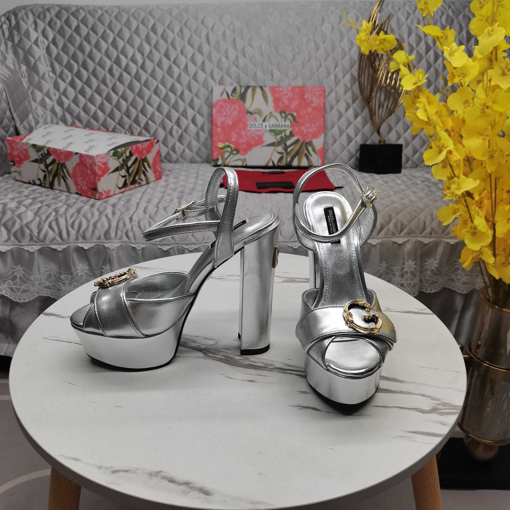 Dolce & Gabbana Silver Leather Platform Logo Keira Sandals - DopestKickz