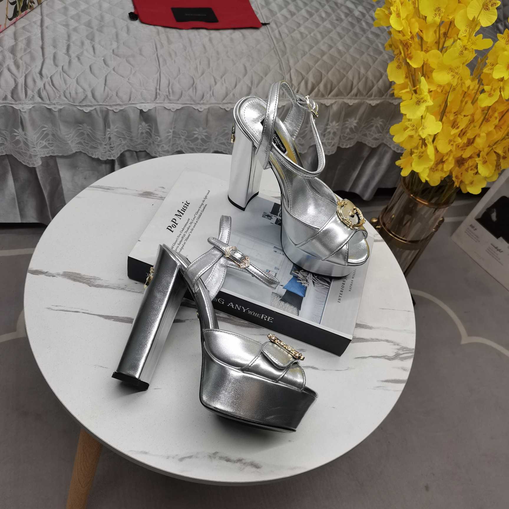 Dolce & Gabbana Silver Leather Platform Logo Keira Sandals - DopestKickz