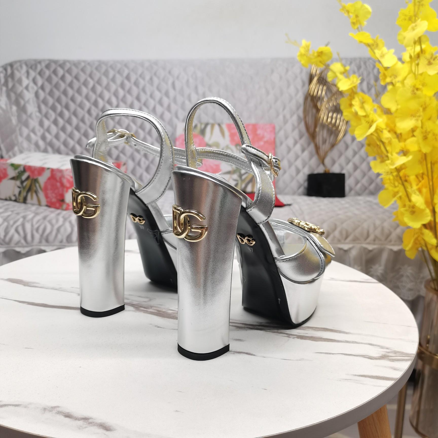 Dolce & Gabbana Silver Leather Platform Logo Keira Sandals - DopestKickz