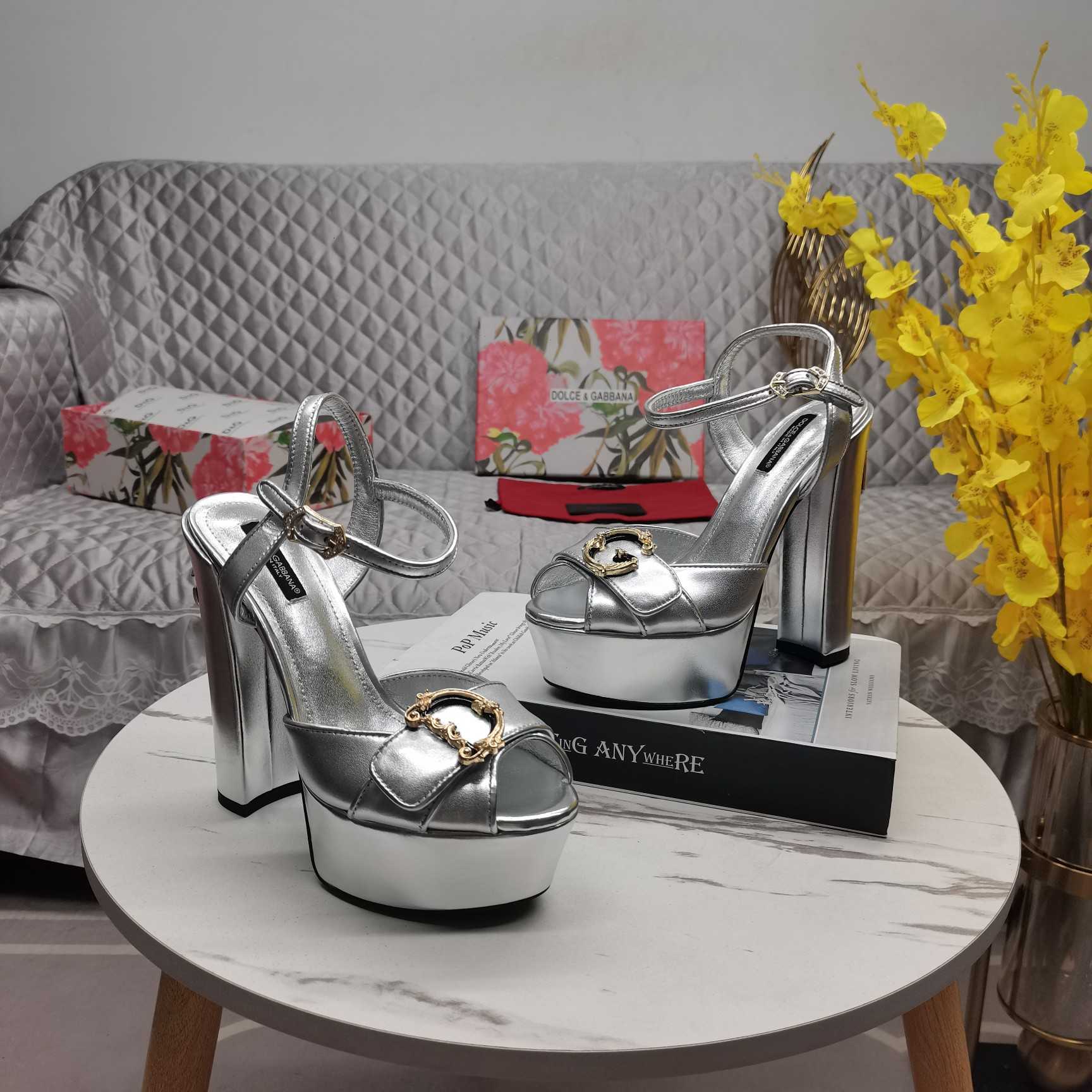 Dolce & Gabbana Silver Leather Platform Logo Keira Sandals - DopestKickz