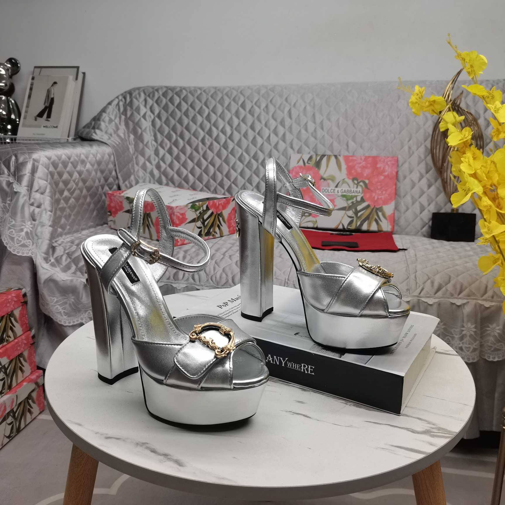 Dolce & Gabbana Silver Leather Platform Logo Keira Sandals - DopestKickz