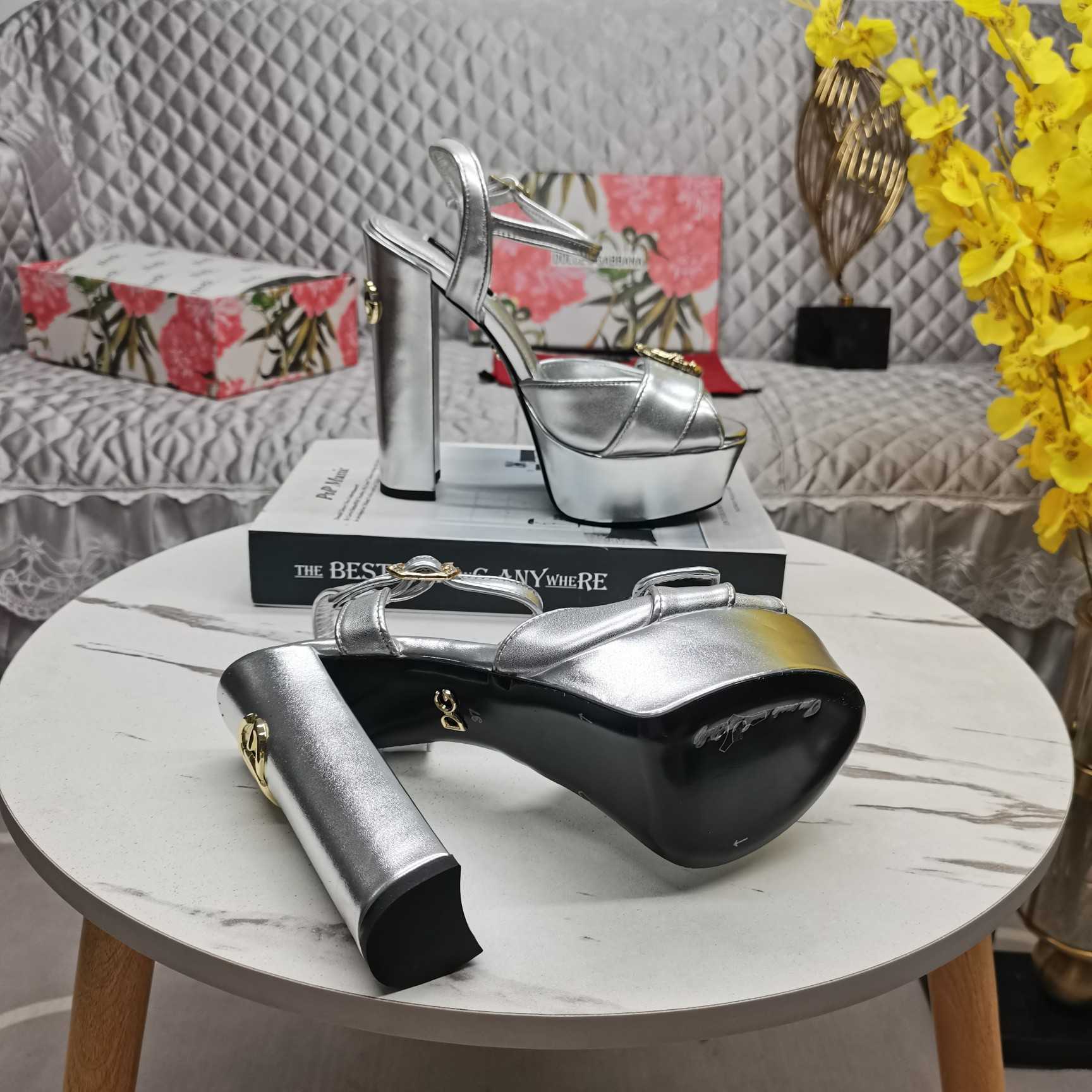 Dolce & Gabbana Silver Leather Platform Logo Keira Sandals - DopestKickz