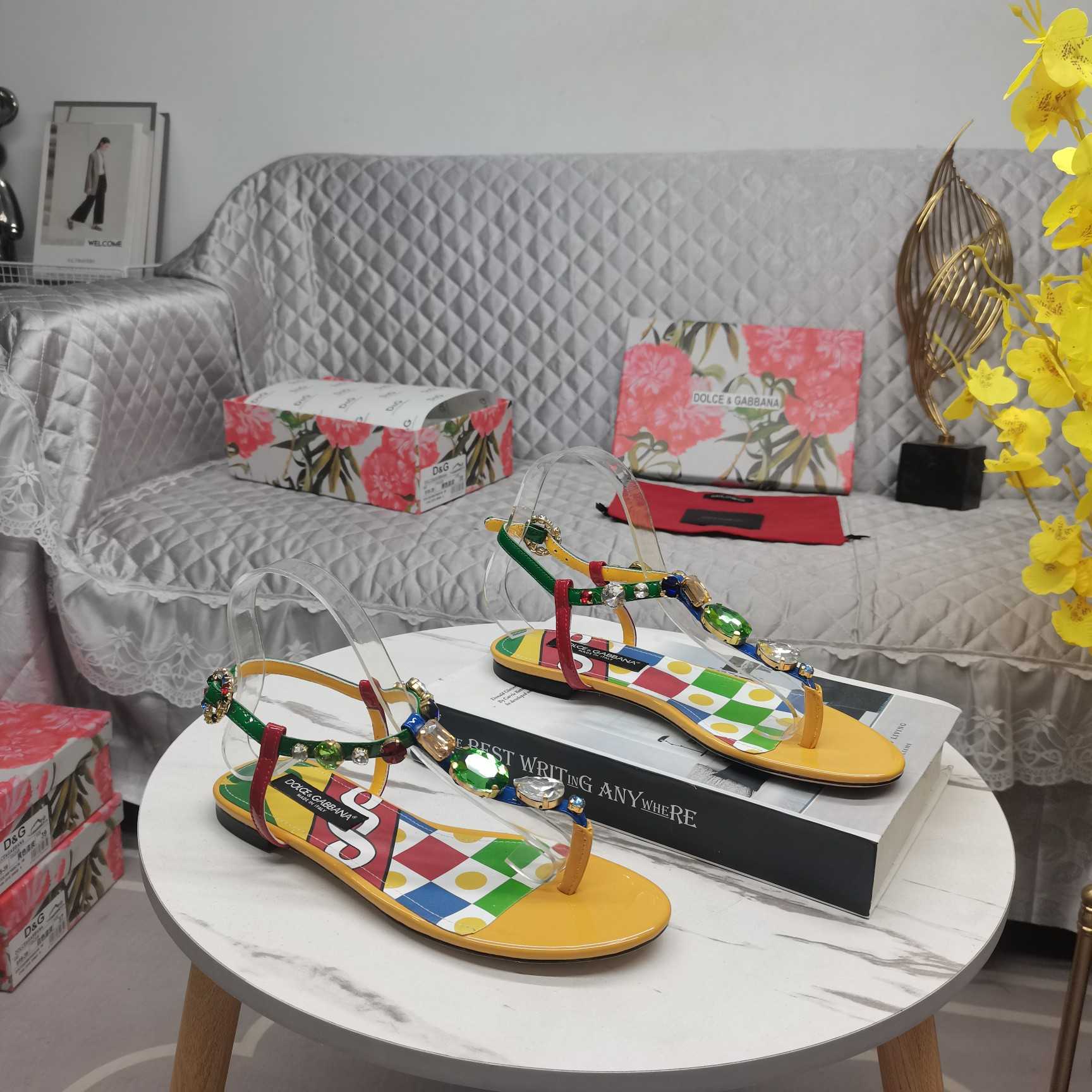 Dolce & Gabbana Embellished Patent Leather Thong Sandals - DopestKickz