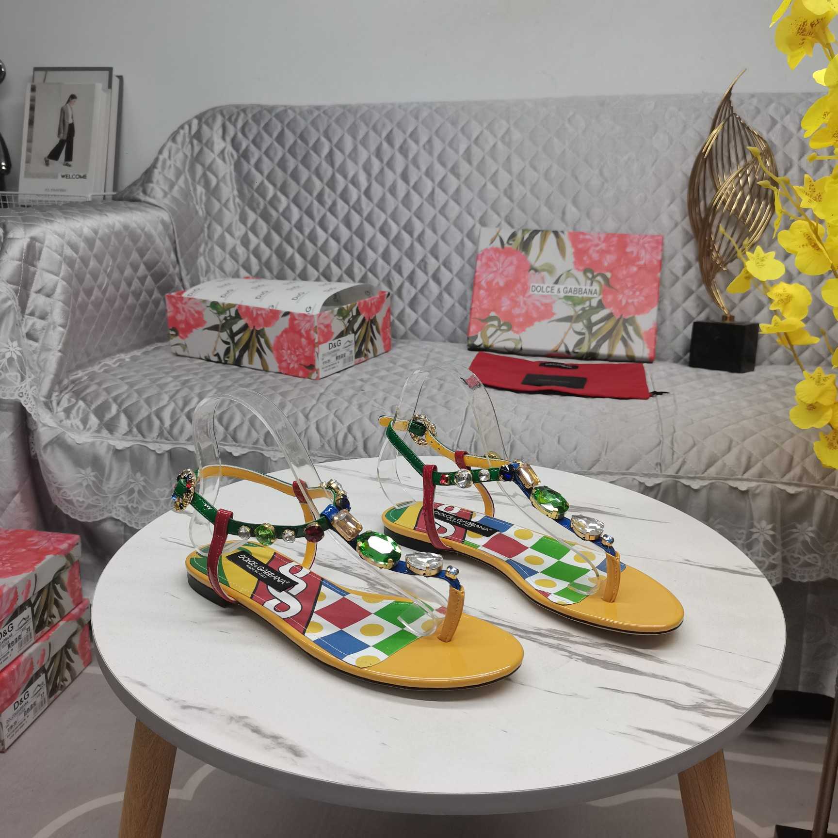 Dolce & Gabbana Embellished Patent Leather Thong Sandals - DopestKickz