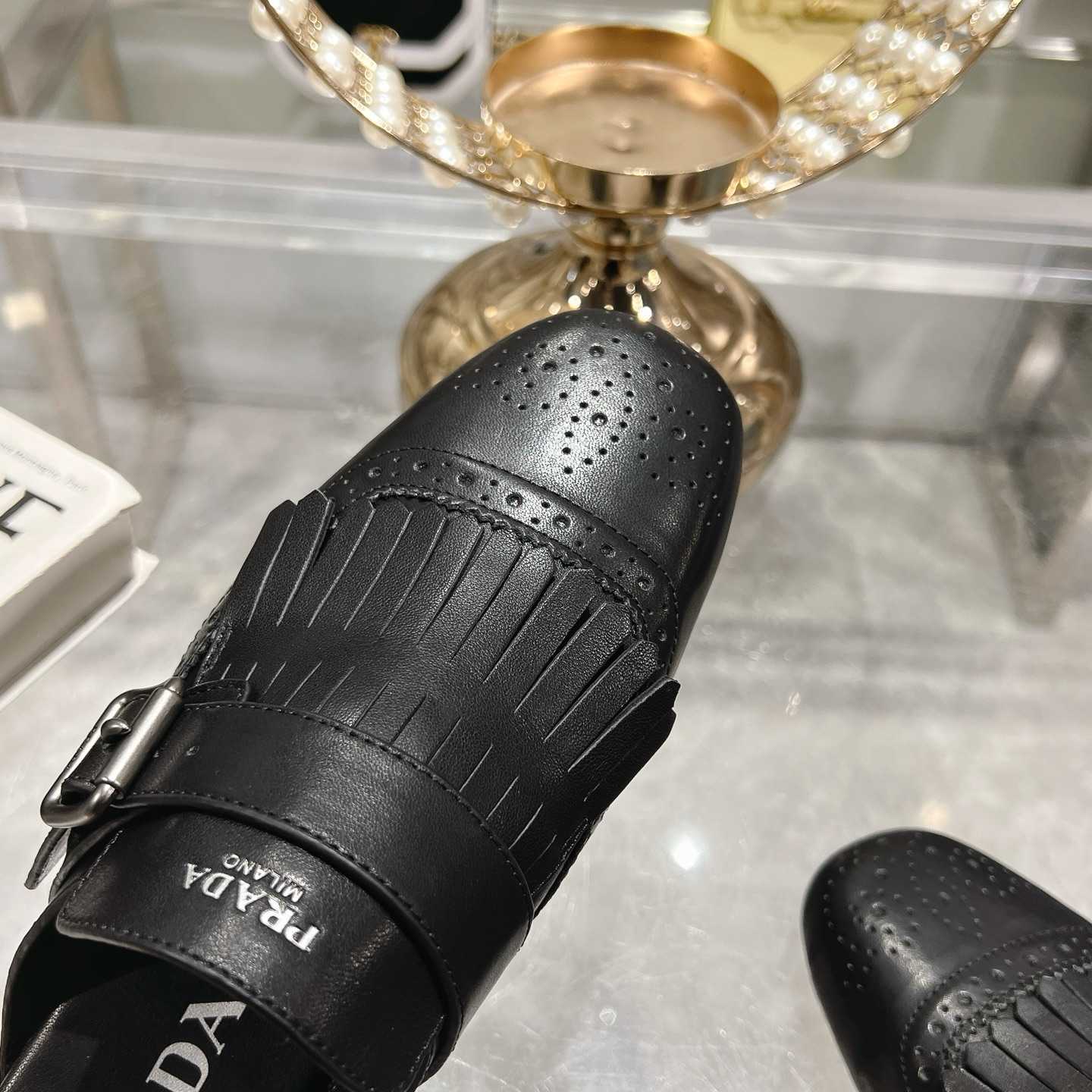 Prada Shuffle Fringed Monk Strap Leather Mules - DopestKickz