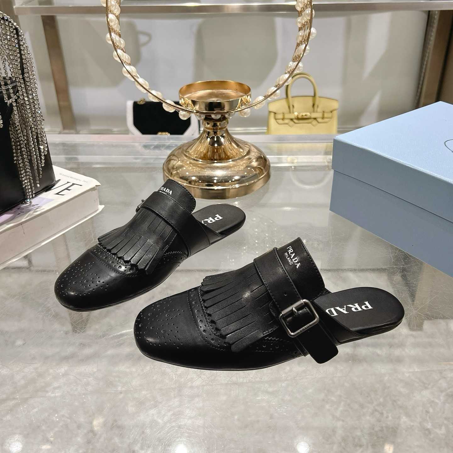 Prada Shuffle Fringed Monk Strap Leather Mules - DopestKickz