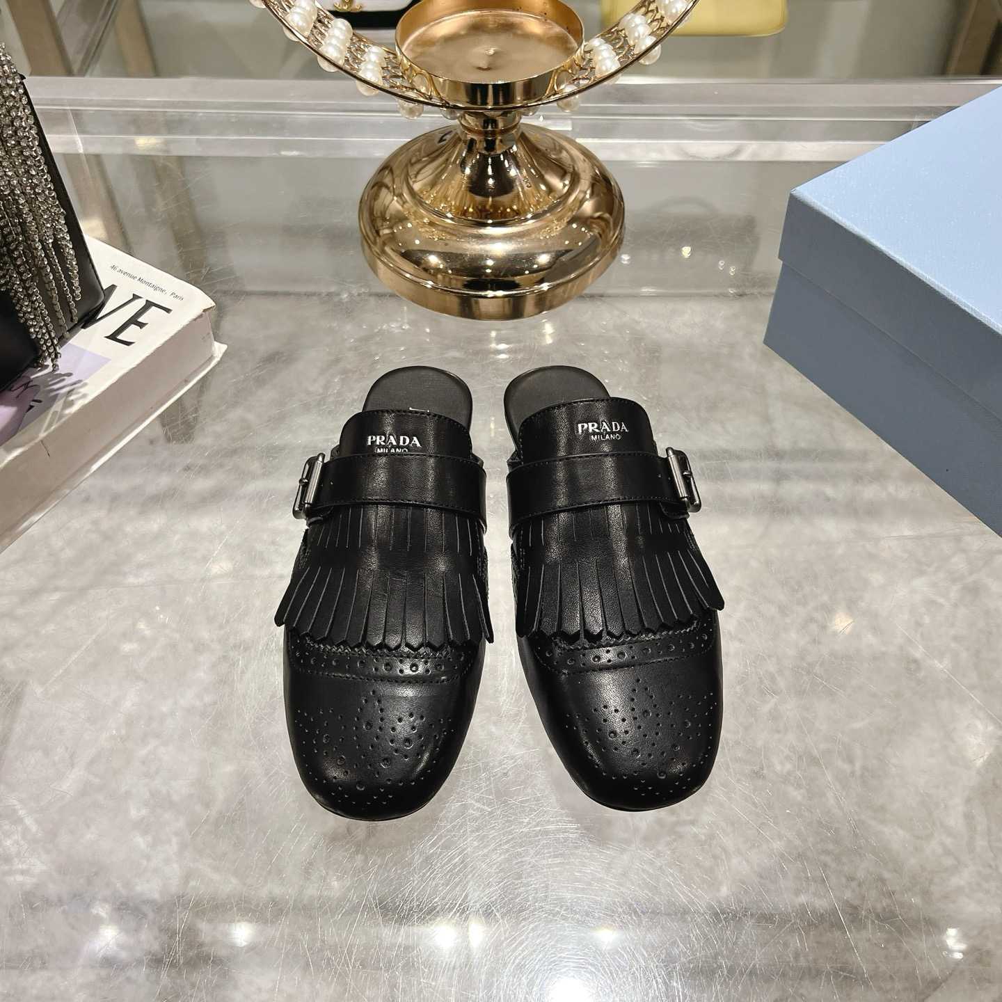 Prada Shuffle Fringed Monk Strap Leather Mules - DopestKickz
