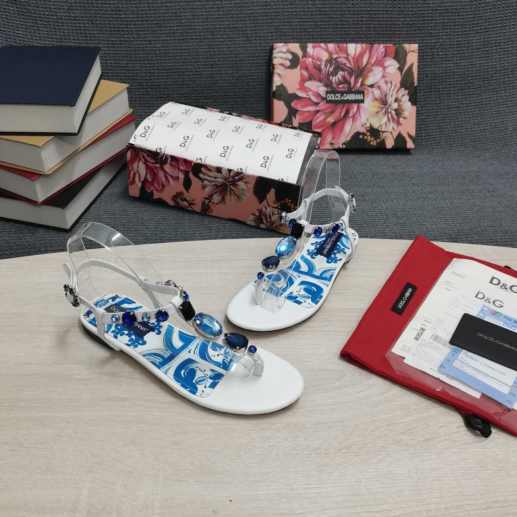 Dolce & Gabbana Patent Leather Thong Sandals With Embroidery - DopestKickz