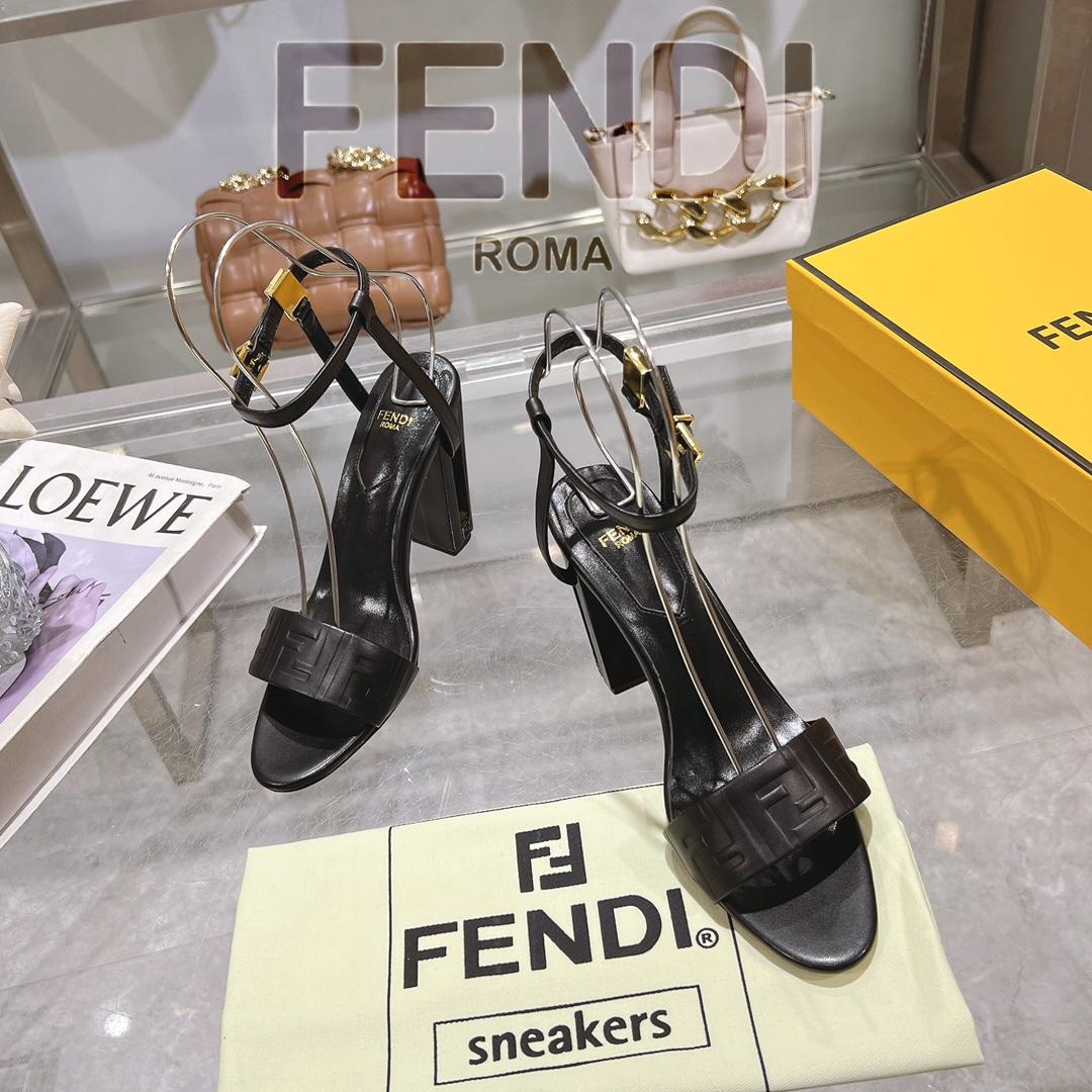 Fendi Delfina Black FF Nappa Leather High-heeled Sandals - DopestKickz