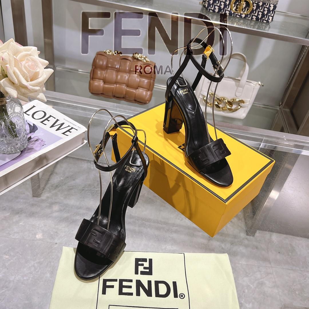 Fendi Delfina Black FF Nappa Leather High-heeled Sandals - DopestKickz