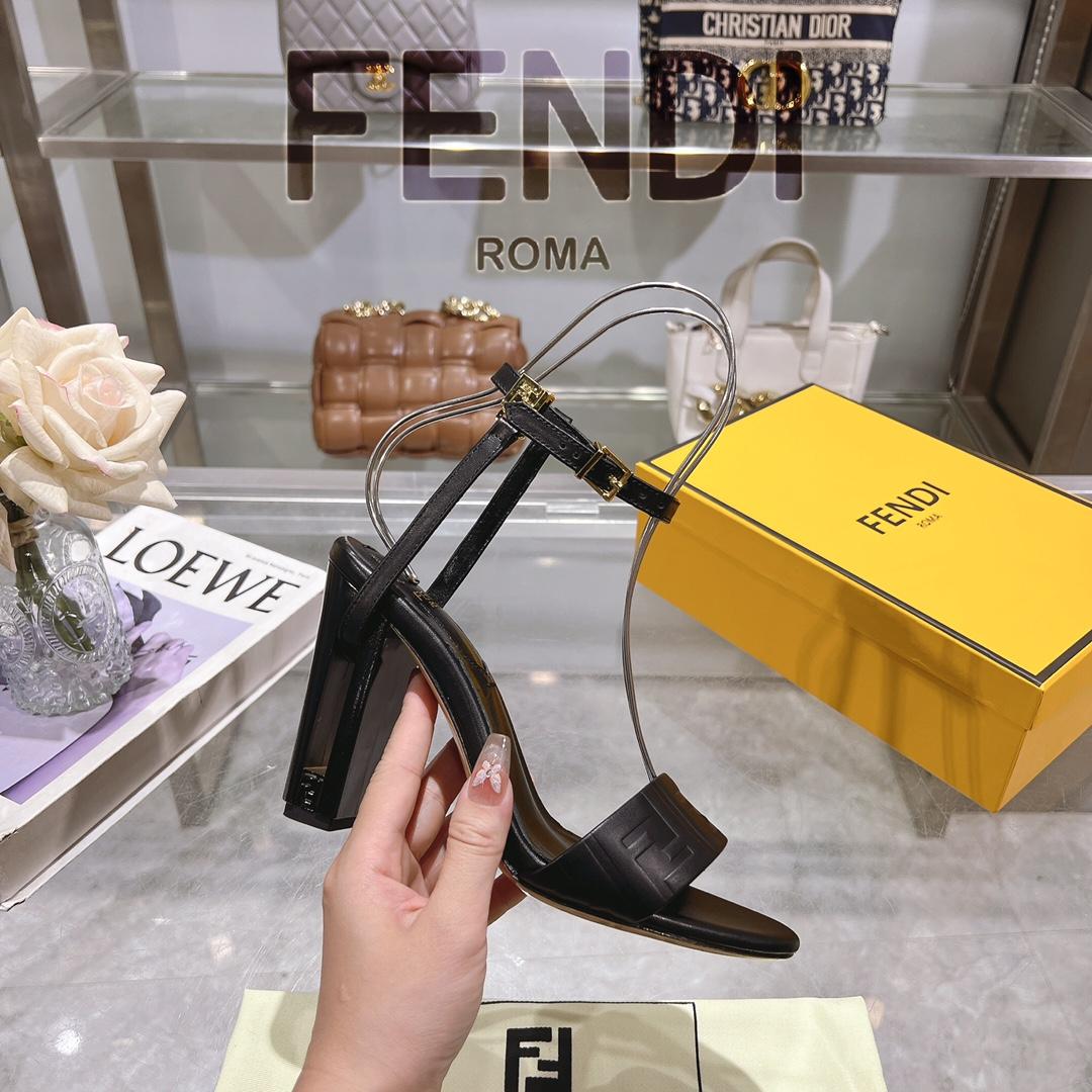 Fendi Delfina Black FF Nappa Leather High-heeled Sandals - DopestKickz