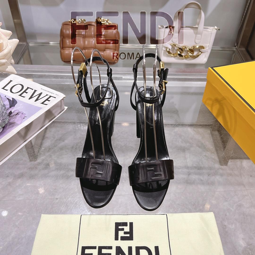 Fendi Delfina Black FF Nappa Leather High-heeled Sandals - DopestKickz