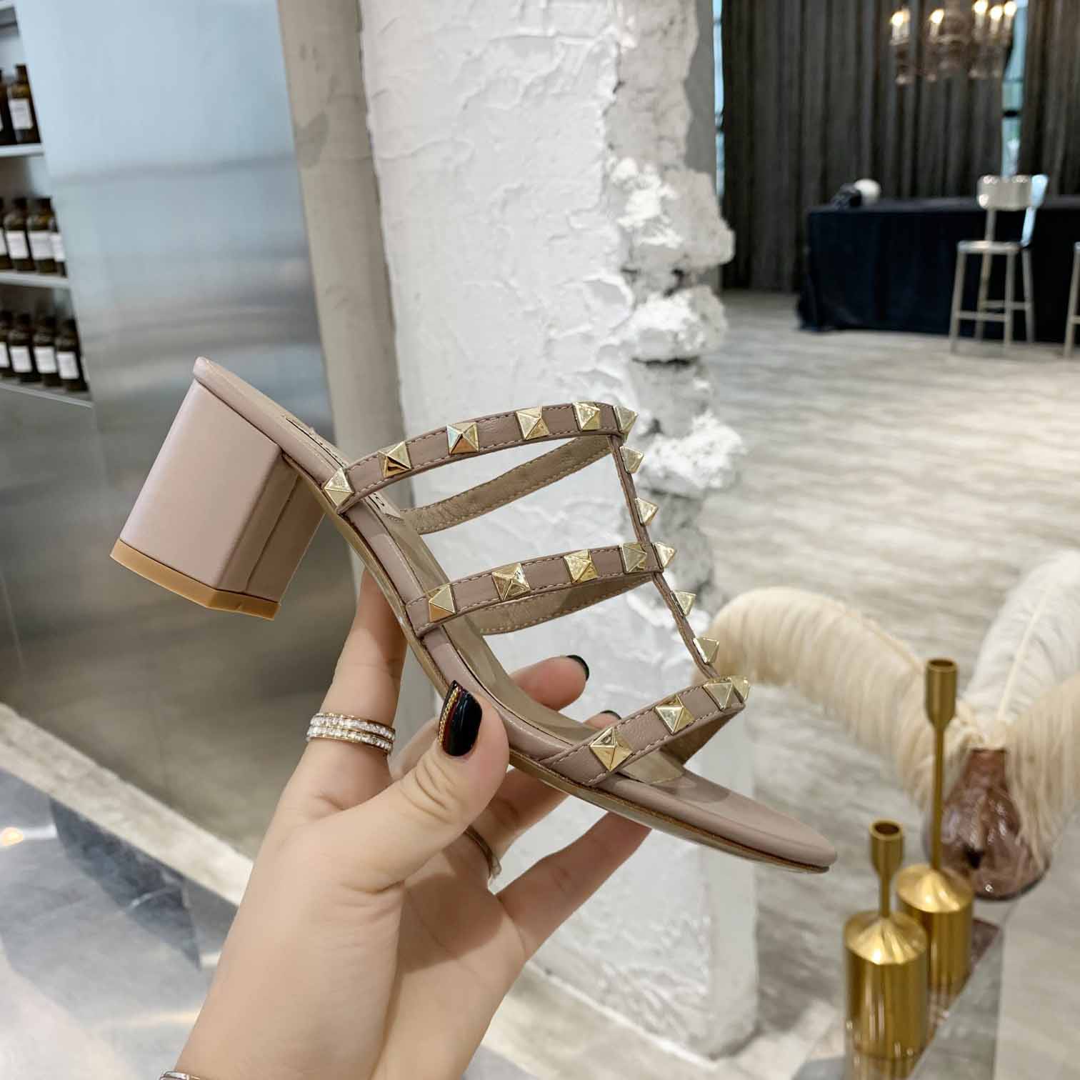 Valenti Rockstud Calfskin Leather Slide Sandal  - DopestKickz