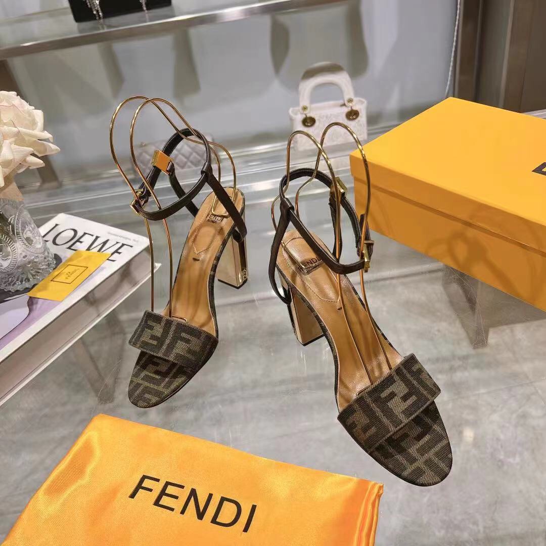 Fendi Delfina Brown Fabric High-heeled Sandals - DopestKickz
