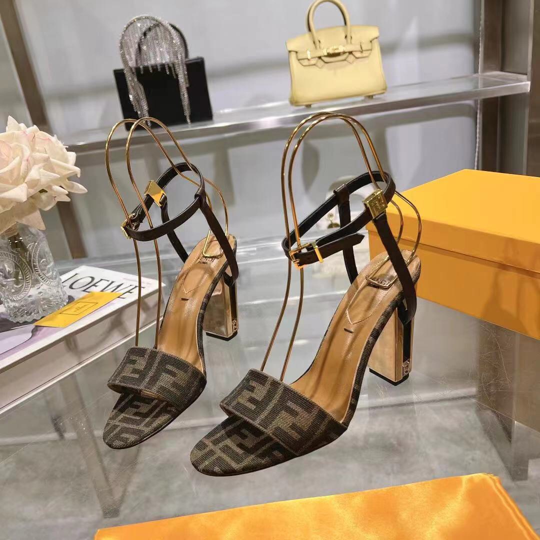 Fendi Delfina Brown Fabric High-heeled Sandals - DopestKickz