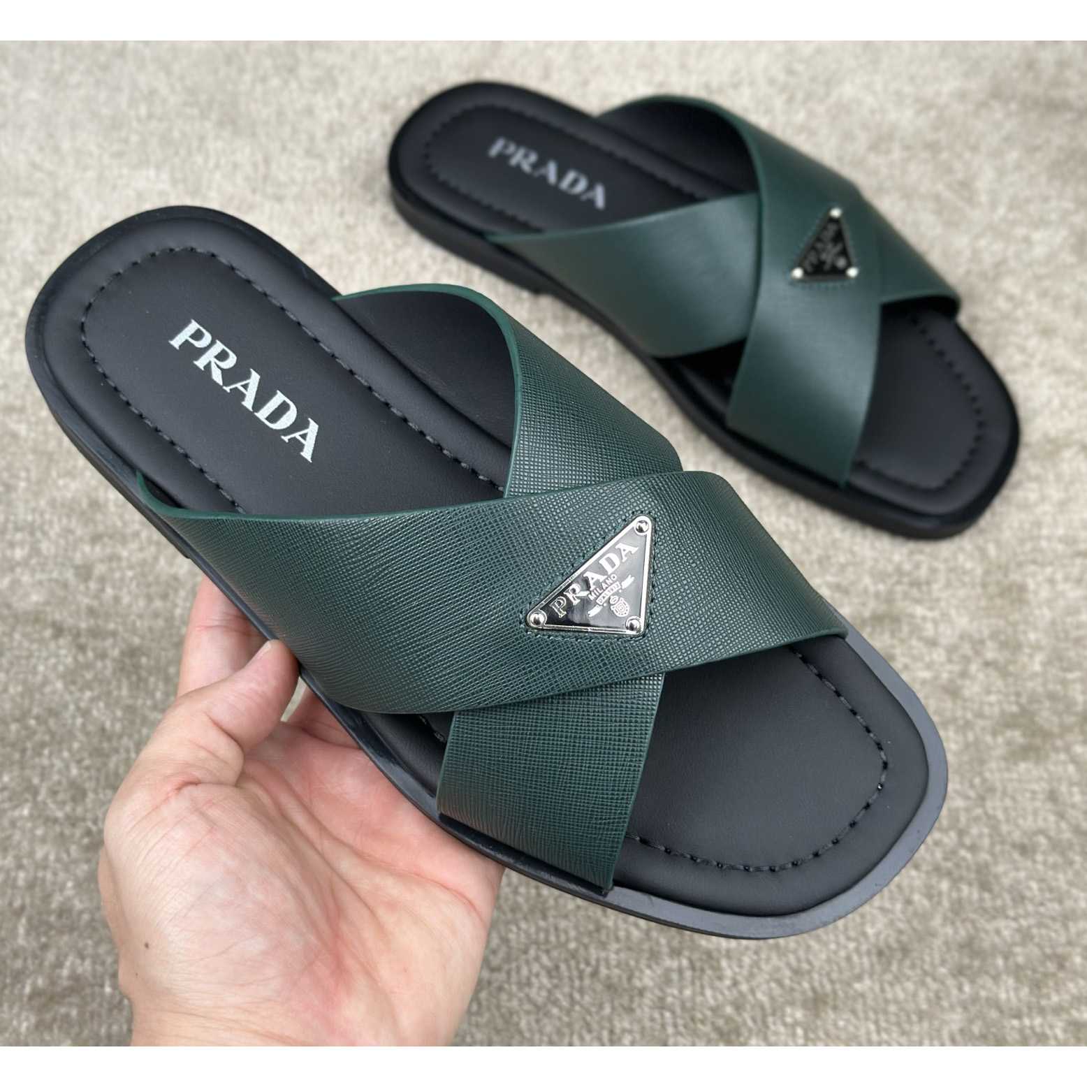 Prada Crisscross Leather Slides - DopestKickz