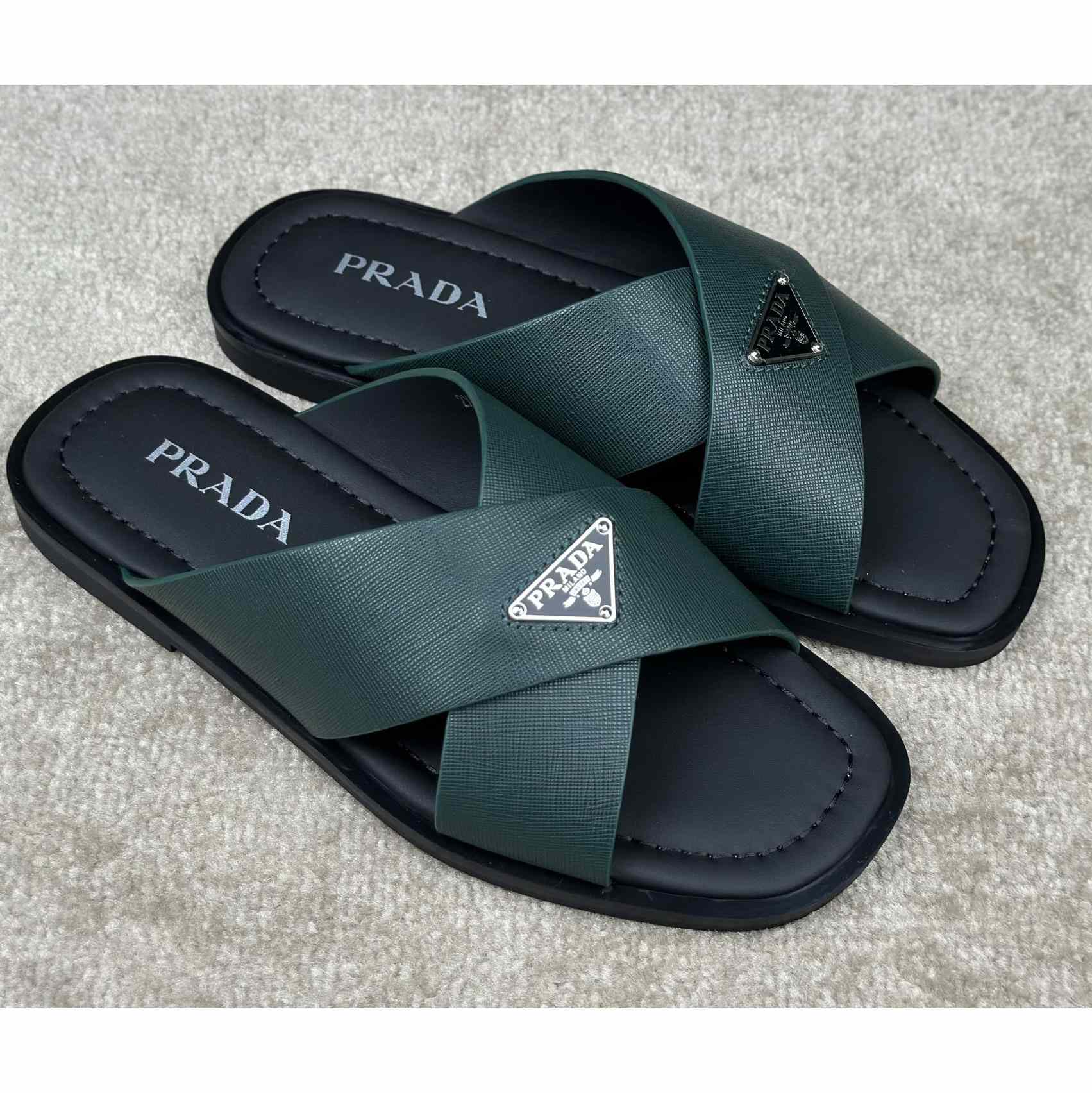 Prada Crisscross Leather Slides - DopestKickz