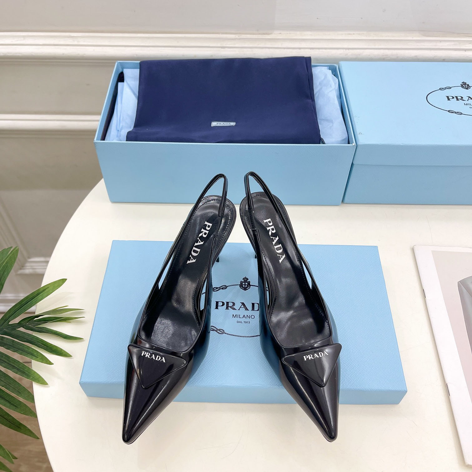 Prada Black Brushed Leather Slingback Pumps  75mm - DopestKickz